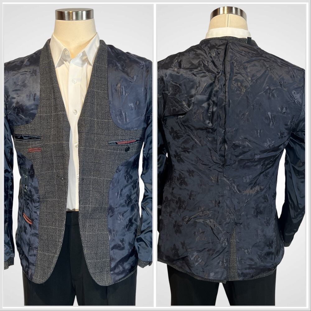 Ted Baker London Blazer 40R Slim Gunmetal Blue Gray Glen Plaid Cotton Blend - Picture 8 of 16